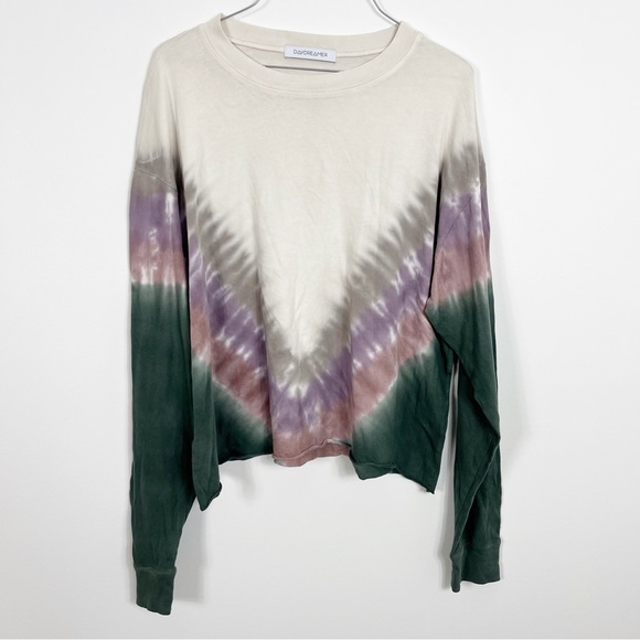 Daydreamer Dusty Rose Tie Dye Crewneck Long Sleeve Crop Tee - Picture 2 of 9